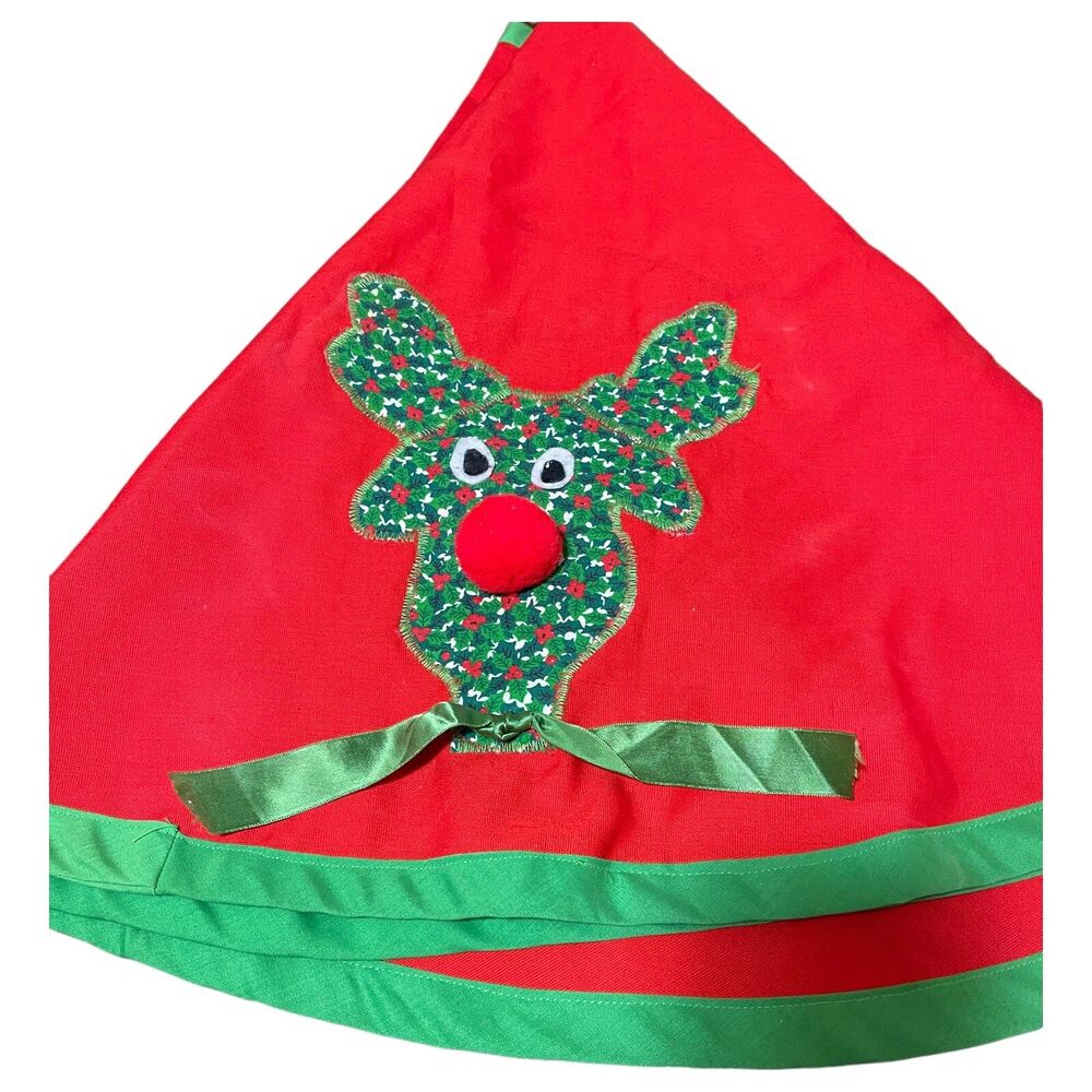 Vtg Christmas Tree Skirt 42" Retro Reindeer Red Pom-Pom Handmade Missing 1 Eye